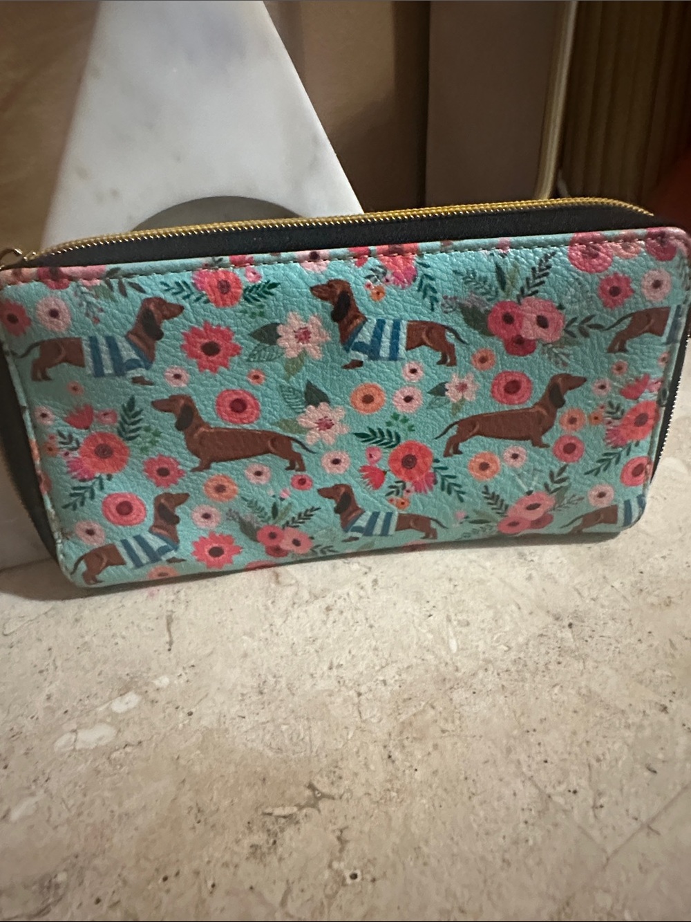 Aqua Floral Dachshund Zip Wallet - Unbranded